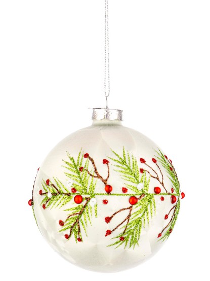Χριστουγεννιάτικη μπάλα γυάλινη λευκή με σχέδιο γκι 10cm (σετ 4τεμ.)