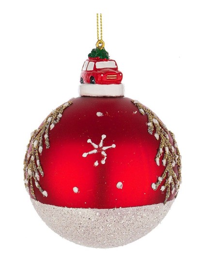 Χριστουγεννιάτικη μπάλα με αυτοκίνητο και glitter δεντράκια 8cm