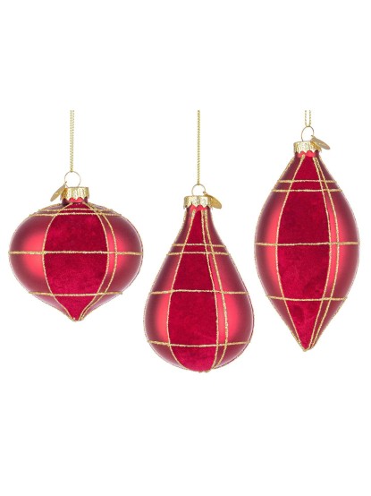 Χριστουγεννιάτικες μπάλες βελουτέ κόκκινες με χρυσές ρίγες (σετ 6τεμ.)