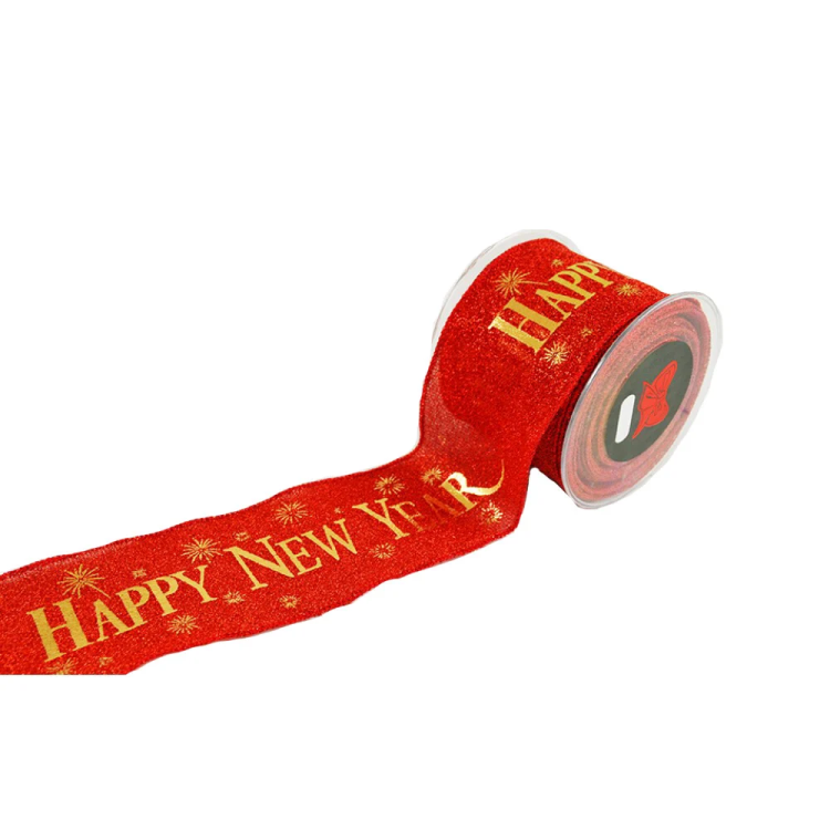 Χριστουγεννιάτικη κορδέλα με σύρμα glitter "Happy New Year" 8cm (9m)