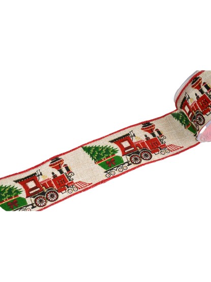 Κορδέλα υφασμάτινη με σύρμα χριστουγεννιάτικο τρένο 5cm/μέτρο