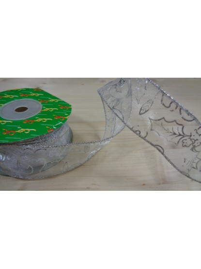 Κορδέλα οργάντζα με σύρμα ασημί γκύ glitter 4cm (15m)
