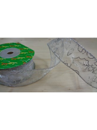 Κορδέλα οργάντζα με σύρμα ασημί γκύ glitter 4cm/μέτρο
