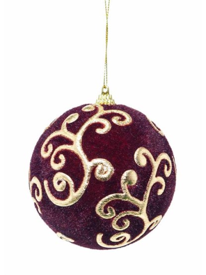 Χριστουεννιάτικη μπάλα βελούδινη μπορντό-χρυσό 10cm το τεμ