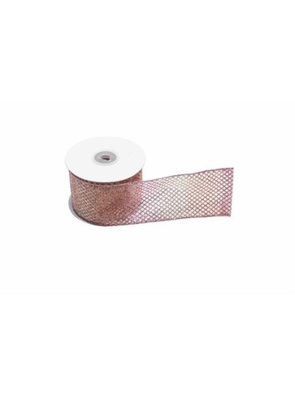 Κορδέλα υφασμάτινη με σύρμα glitter ροζ 6,8cm (10m)