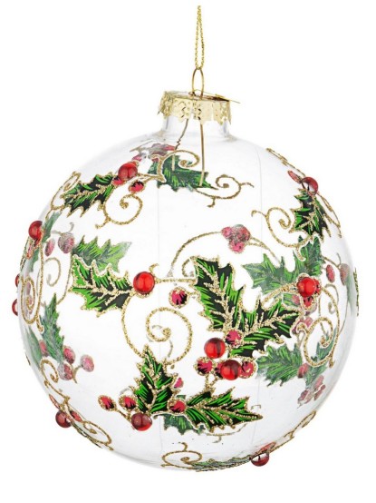 Χριστουγεννιάτικη γυάλινη μπάλα διάφανη με γκι 8cm (σετ 6 τεμ.)