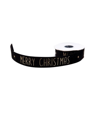 Κορδέλα βελουτέ μαύρη Merry Christmas χρυσό 4cm (10m)