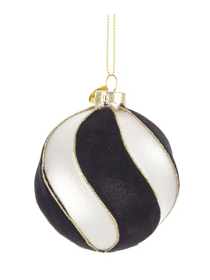 Χριστουγεννιάτικη μπάλα γυάλινη με μαύρες ρίγες βελουτέ 8cm (σετ 6τεμ)