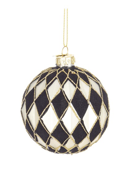Χριστουγεννιάτικη μπάλα γυάλινη με ρόμβους μαύρους βελουτέ 8cm (σετ 6τεμ.)