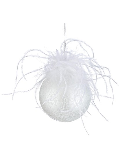 Χριστουγεννιάτικη μπάλα γυάλινη λευκή με πούπουλα 8cm (σετ 6τεμ.)