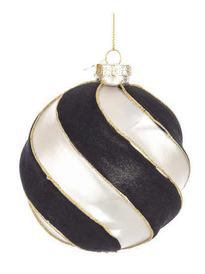 Χριστουγεννιάτικη μπάλα γυάλινη με μαύρες ρίγες βελουτέ 10cm (σετ 4τεμ.)